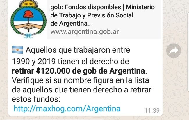 Engaño por WhatsApp: se hacen pasar por el Ministerio de Trabajo y prometen 120 mil pesos