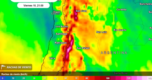  Intensidad de las ráfagas que puede generar el viento Zonda durante la tarde del viernes según nuestro modelo de referencia el ECMWF