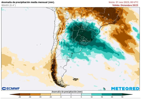  Anomalía de lluvias previstas para el mes de diciembre según los mapas propios basados en el modelo ECMWF.
