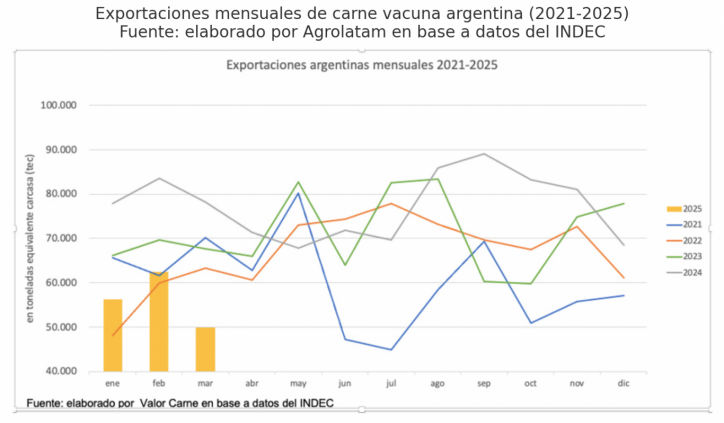 Exportaciones de carne vacuna argentina caen 36% en marzo: el peor trimestre desde 2022