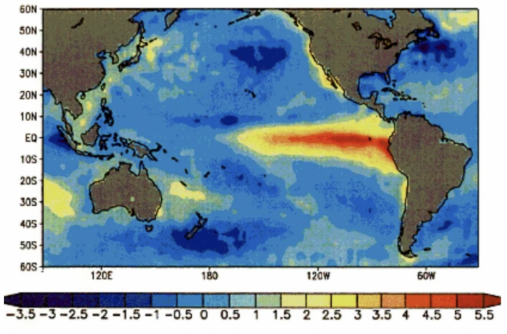 Mapa de las temperaturas anómalas durante diciembre de 1997, durante uno de los eventos El Niño más intenso de la historia reciente.