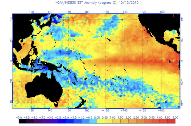 Temperaturas anómalas de la superficie oceánica en octubre de 2015, durante el mayor evento El Niño del siglo XXI, hasta el momento.