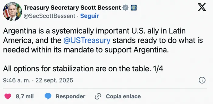 Respaldo de EE.UU. a Milei: el Tesoro promete apoyo financiero en la previa del encuentro con Trump