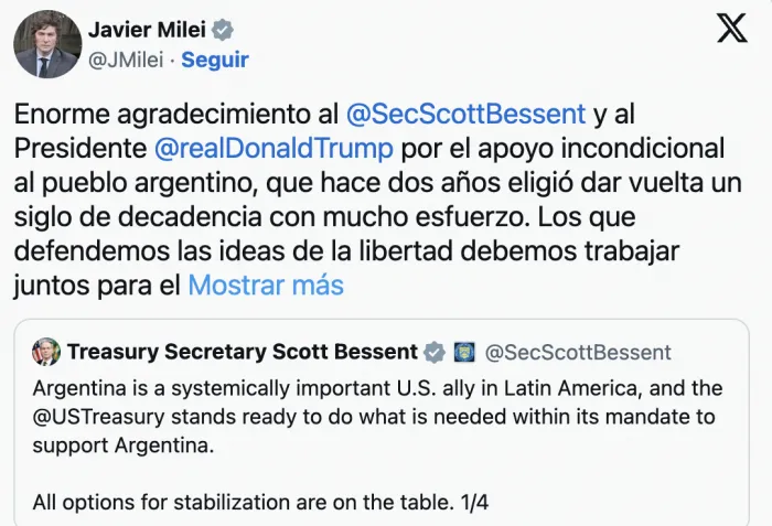 Respaldo de EE.UU. a Milei: el Tesoro promete apoyo financiero en la previa del encuentro con Trump